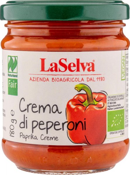 Bio-Paprika Creme-Bio-Paprika Creme crema di peperoni aus Fairem Handel von LaSelva-Fairer Handel mit Paprika, Gemuese und Feinkost aus Italien-Fairtrade Bio-Paprika Creme aus der Toskana