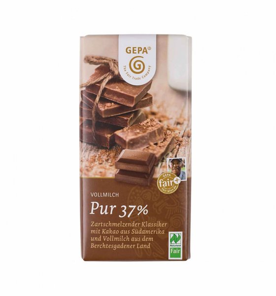 Bio-Vollmilchschokolade 'Pur 37%'-Bio-Vollmilchschokolade Pur aus Fairem Handel von GEPA-Fairer Handel mit Kakao und Schokolade-Fairtrade Bio-Vollmilchschokolade von Kleinbauern