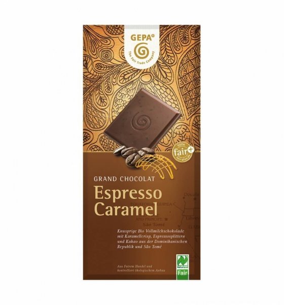 Bio-Schokolade Espresso Caramel-Bio-Schokolade Grand Chocolat Espresso Caramel aus Fairem Handel-Fairer Handel mit Kakao, Kaffee und Schokolade-Fairtrade Bio-Schokolade aus Bolivien und Sao Tome