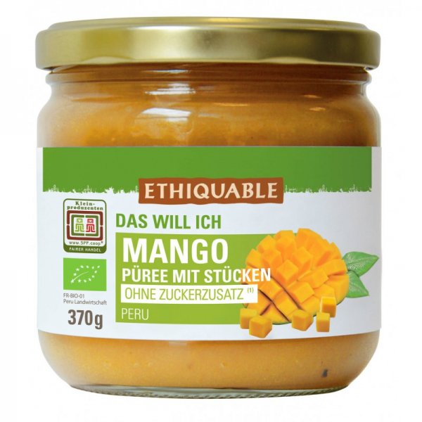 Bio-Mango Püree mit Stückchen-Bio-Mango Pueree ohne Zucker aus Fairem Handel von Ethiquable-Fairer Handel mit Mangos und Fruechten-Fairtrade Bio-Mangopueree von Kleinbauern aus Peru