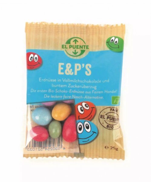 E & P 's - bunte Bio-Schoko-Erdnüsse, klein-Bio-Schoko Erdnuesse M&M Alternative El Puente Fair Trade-Fairer Handel mit Schokolade und Nuessen-Fairtrade Bio-Schoko Erdnuesse aus Indonesien