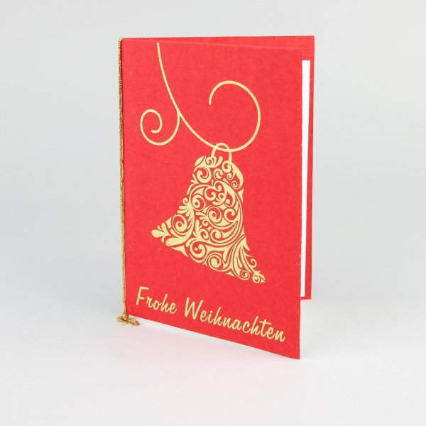 Glückwunschkarte Fröhliche Weihnachten 'Glocke' - rot-Grusskarte aus handgeschoepftem Papier von Ethic Art-Fairer Handel mit Papier und Handwerk-Fairtrade Grusskarte handgeschoepftes Papier Indien