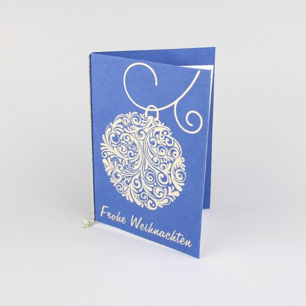 Glückwunschkarte Fröhliche Weihnachten 'Kugel' - blau-Grusskarte aus handgeschoepftem Papier von Ethic Art-Fairer Handel mit Papier und Handwerk-Fairtrade Grusskarte handgeschoepftes Papier Indien