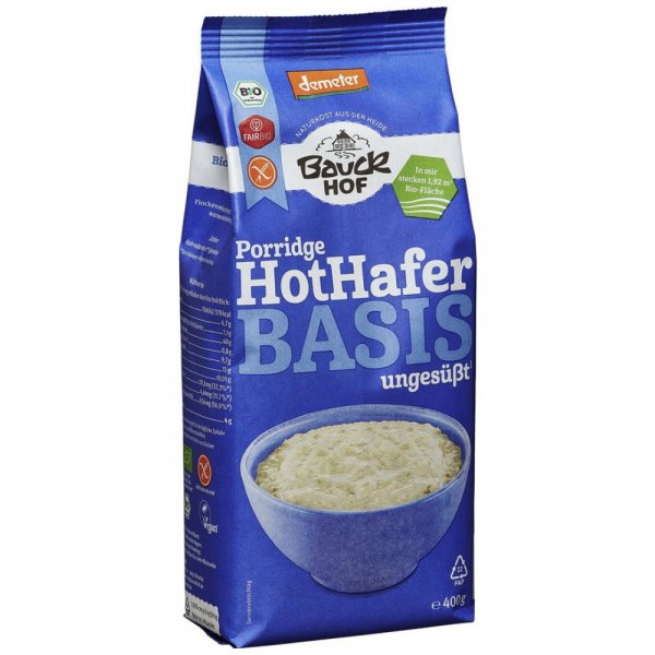 Bio-Porridge Hot Hafer Basis, ungesüsst-Demeter Bio-Haferbrei Porridge aus Fairem Handel von Bauck Hof-Fairer Handel mit Hafer, Dinkel und Weizen in Europa-Fairtrade Bio-Haferbrei von Bauern aus Deutschland