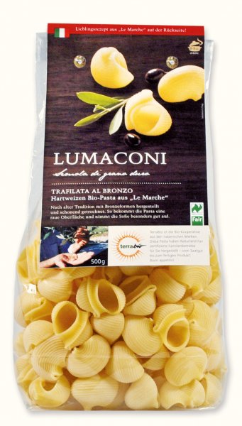Bio-Lumaconi, Hartweizenpasta-Bio-Pasta Lumaconi aus Fairem Handel von Terra Bio-Fairer Handel mit Pasta aus Italien-Fairtrade Bio-Pasta Lumaconi von Kleinbauern aus Italien