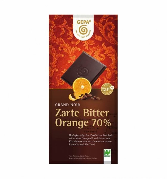 Bio-Zartbitterschokolade Orange 70%-Bio-Zartbitterschokolade Orange aus Fairem Handel von GEPA-Fairer Handel mit Schokolade und Kakao-Fairtrade Bio-Schokolade aus Bolivien, Paraguay und Sao Tome