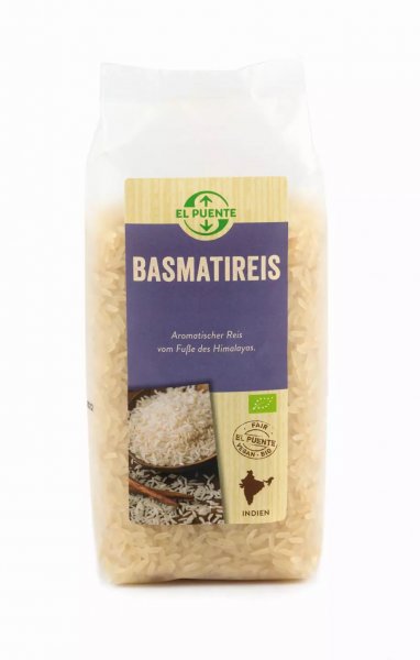 Bio-Basmatireis, weiß-geschaelter Bio-Basmatireis weiss aus Fairem Handel von El Puente-Fairer Handel mit Reis und Lebensmittel aus Indien-Fairtrade Bio-Reis von Kleinbauern aus Indien