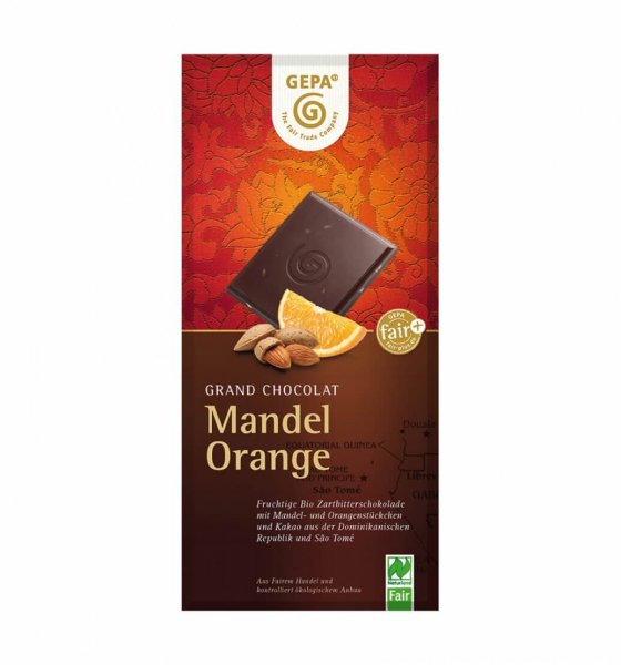 Bio-Zartbitterschokolade Mandel-Orange-Bio-Zartbitterschokolade Mandel Orange aus Fairem Handel von GEPA-Fairer Handel mit Schokolade, Mandeln und Kakao-Fairtrade Bio-Schokolade aus Bolivien, Paraguay und Sao Tome