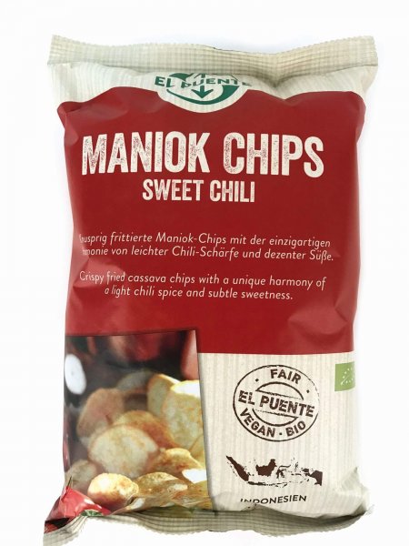 Bio-Maniok Chips Sweet Chili-Bio-Maniok Chips Sweet Chili aus Fairem Handel El Puente-Fairer Handel mit Maniok Knabbereien-Fair Trade Bio-Maniok Chips aus Indonesien