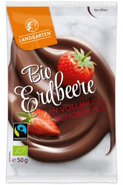 Bio-Erdbeere in Vollmilchschokolade-Bio-Erbeere in Vollmilchschokolade Fairtrade von Landgarten-Fairer Handel mit Fruechten, Kakao und Schokolade-Fairtrade Bio-Erdbeeren in Schokolade aus Oesterreich